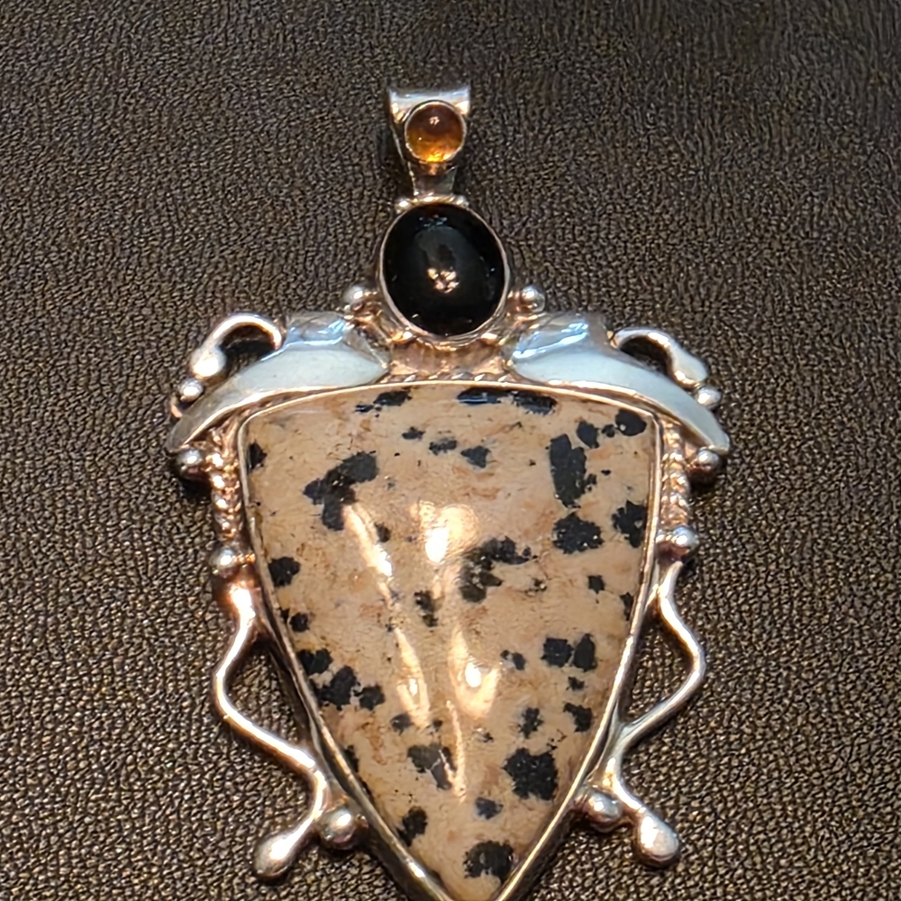 Dalmatian Jasper And Black Onyx Pendant Necklace Sterling Silver